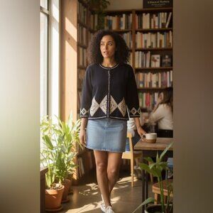 Rodier Paris Wool Knit Cardigan Black & Cream – Made in France – Size M